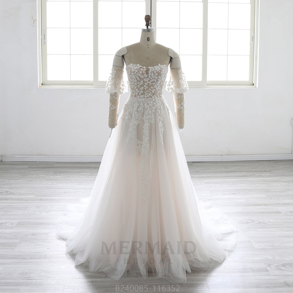 Sweetheart A Line Detachable Sleeves Court Train Beach Outdoor Boho Wedding Dress 2025
