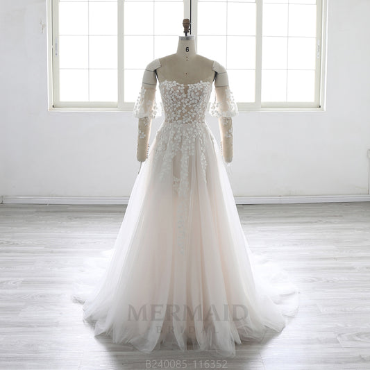 Sweetheart A Line Detachable Sleeves Court Train Beach Outdoor Boho Wedding Dress 2025