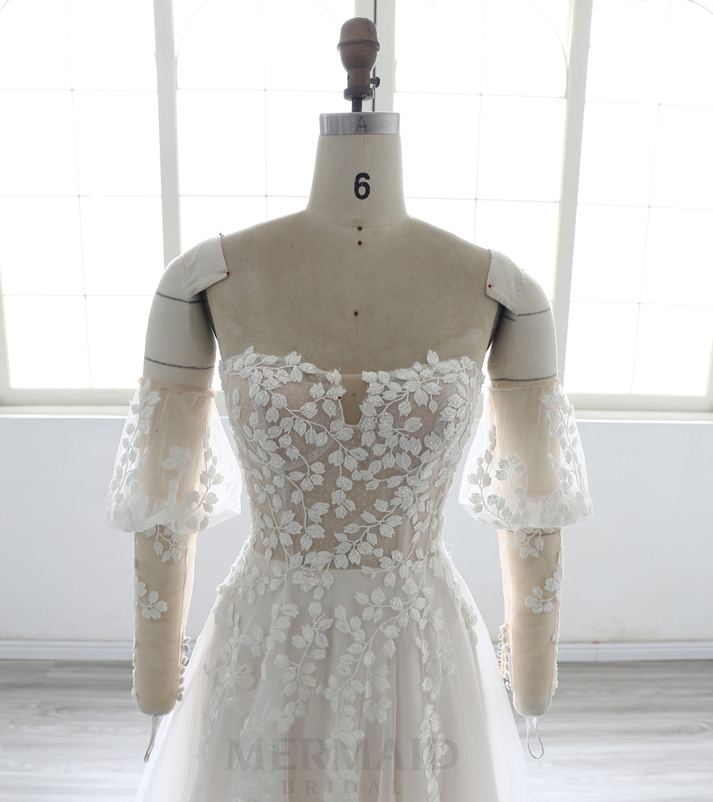 Sweetheart A Line Detachable Sleeves Court Train Beach Outdoor Boho Wedding Dress 2025