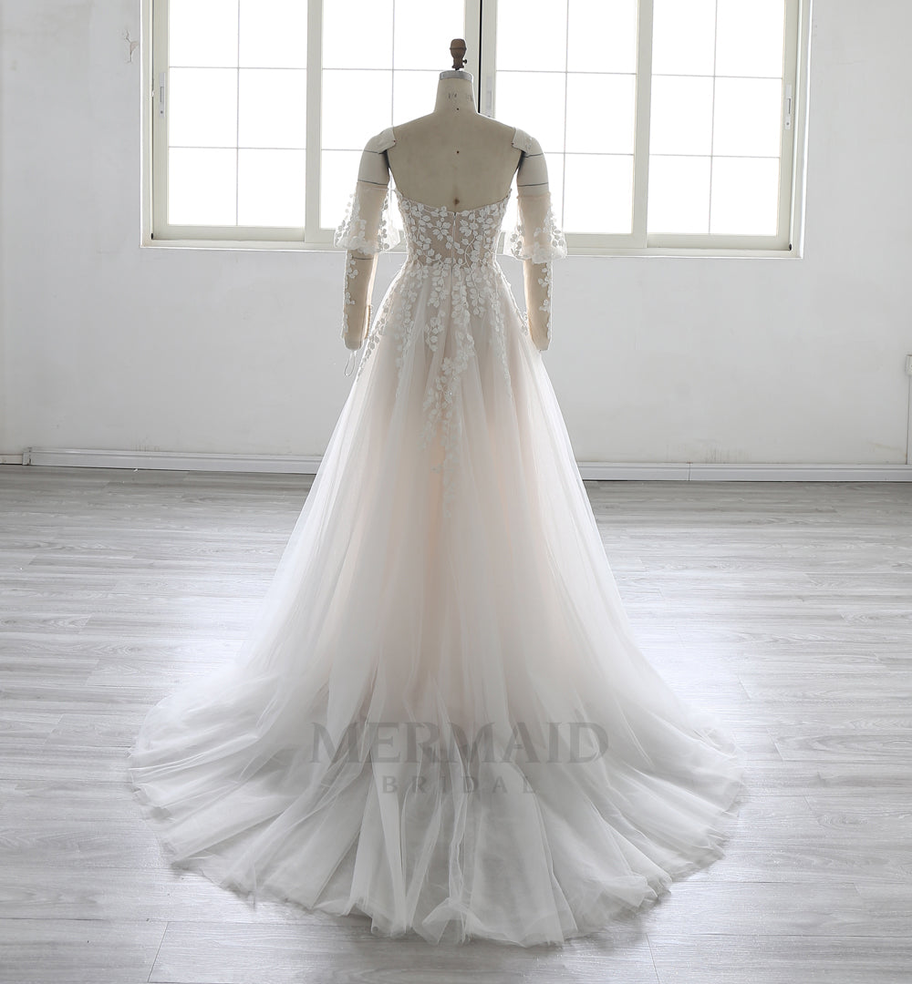 Sweetheart A Line Detachable Sleeves Court Train Beach Outdoor Boho Wedding Dress 2025