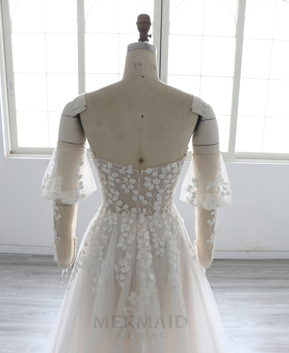 Sweetheart A Line Detachable Sleeves Court Train Beach Outdoor Boho Wedding Dress 2025