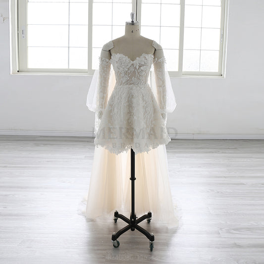New Detachable Long Sleeves Knee Length Beaded Short Wedding Dress