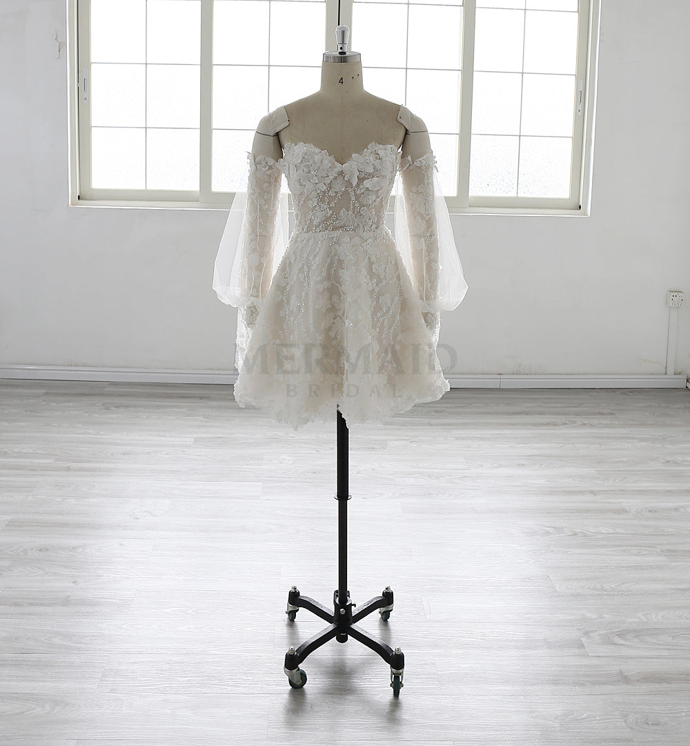 New Detachable Long Sleeves Knee Length Beaded Short Wedding Dress