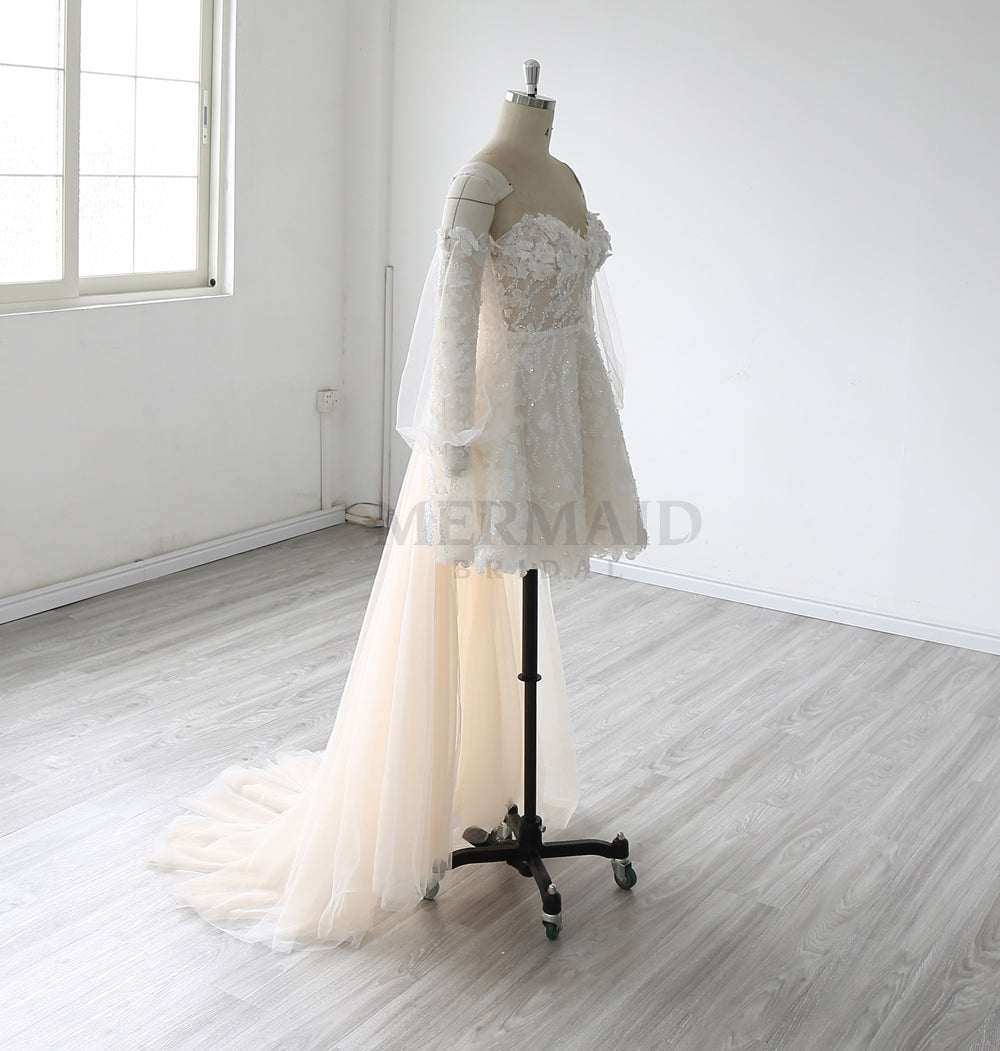 New Detachable Long Sleeves Knee Length Beaded Short Wedding Dress