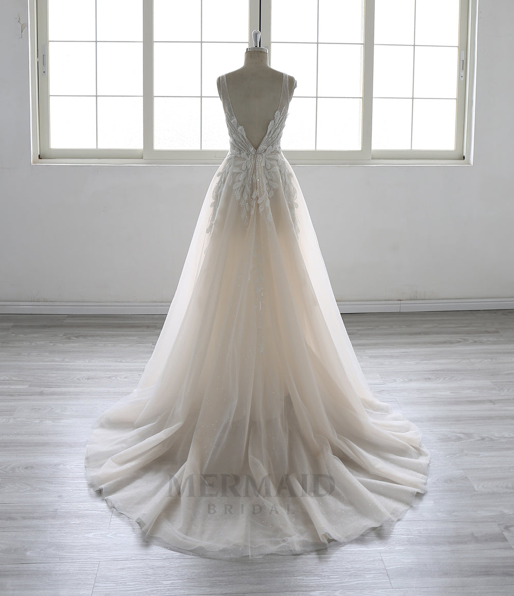 V Neck Court Train Beach Outdoor bohemian boho  wedding dress