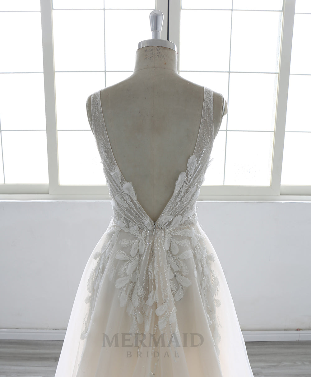 V Neck Court Train Beach Outdoor bohemian boho  wedding dress