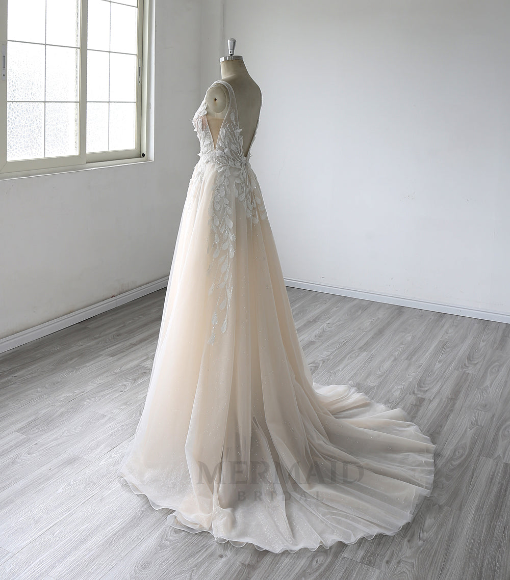 V Neck Court Train Beach Outdoor bohemian boho  wedding dress