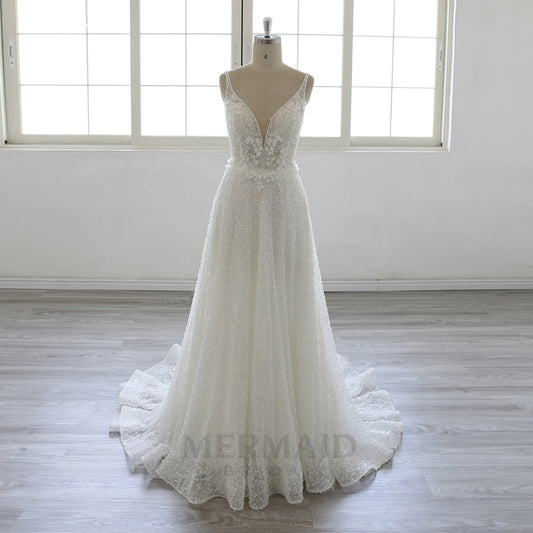 Spaghetti straps V Neck Court Trian A Line Heavy Beaded Wedding Dress With Slit