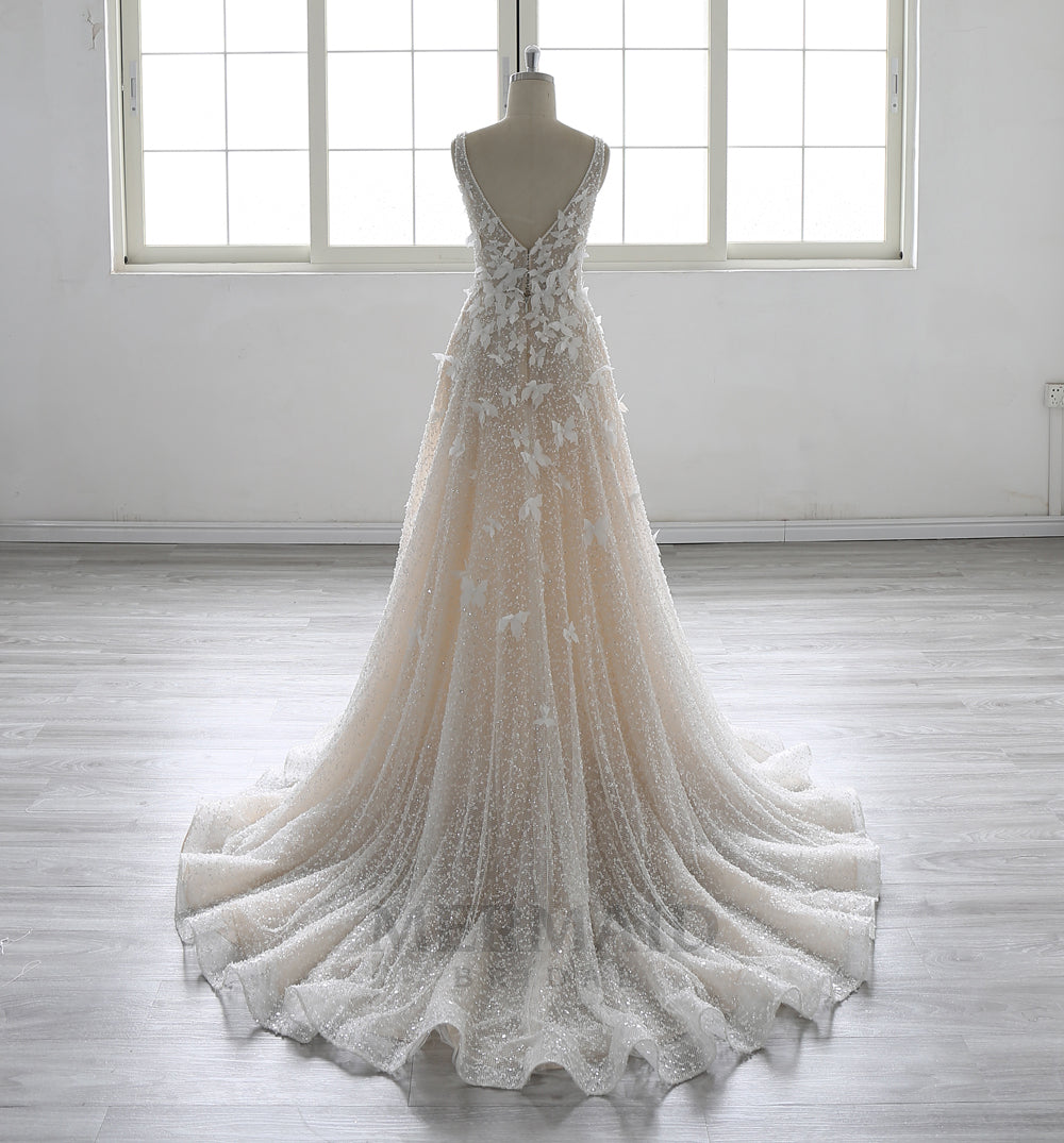 Luxury 3D Lace Flowers V Neck Court Train Heavy Beaded Wedding Dress 2025