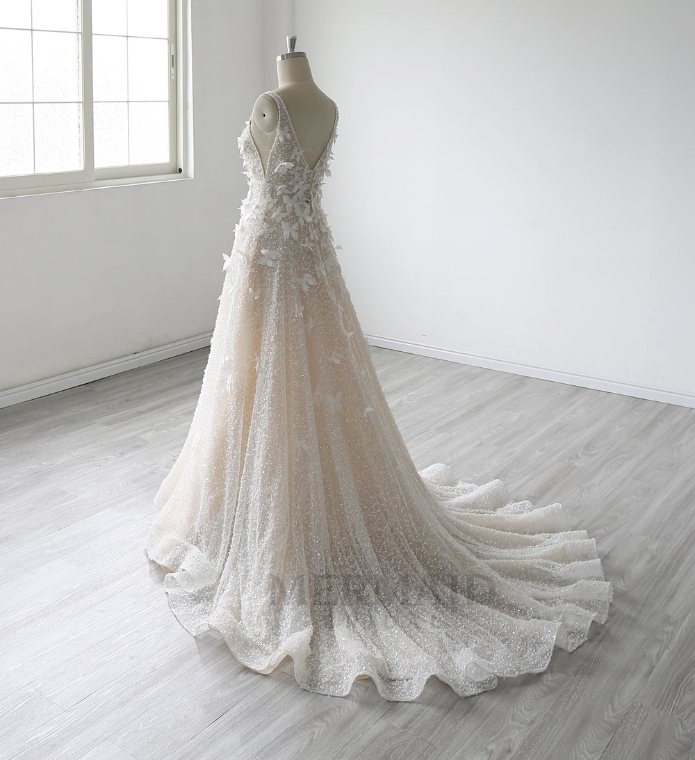 Luxury 3D Lace Flowers V Neck Court Train Heavy Beaded Wedding Dress 2025