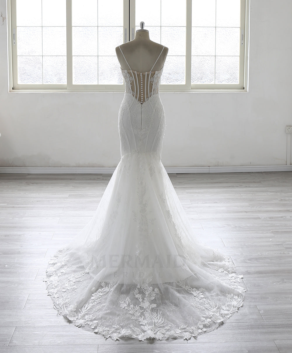 spaghetti strap v neck mermaid wedding dress Classic V Neck Spaghetti Straps Mermaid Wedding Gown Floral Lace Dress for Bride