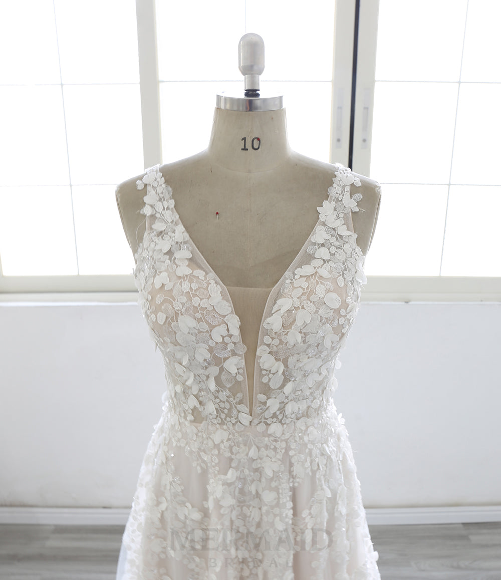 Luxury Bridal Gown with Deep V Neckline and Flowing Lace Wedding Dress