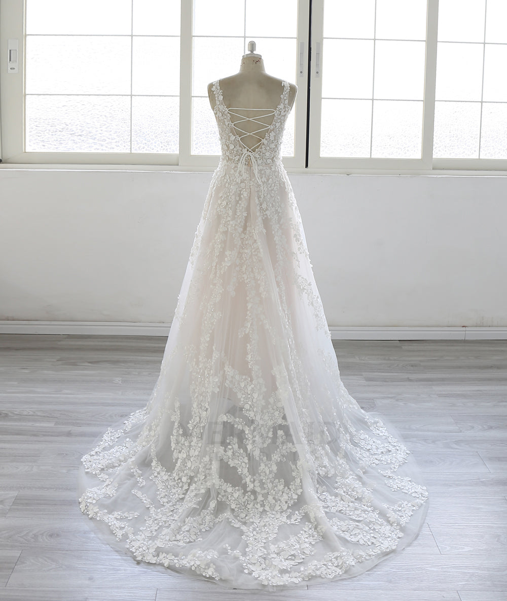 Luxury Bridal Gown with Deep V Neckline and Flowing Lace Wedding Dress