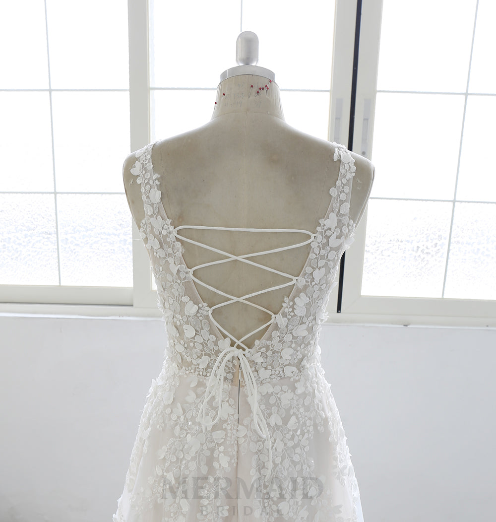 Luxury Bridal Gown with Deep V Neckline and Flowing Lace Wedding Dress