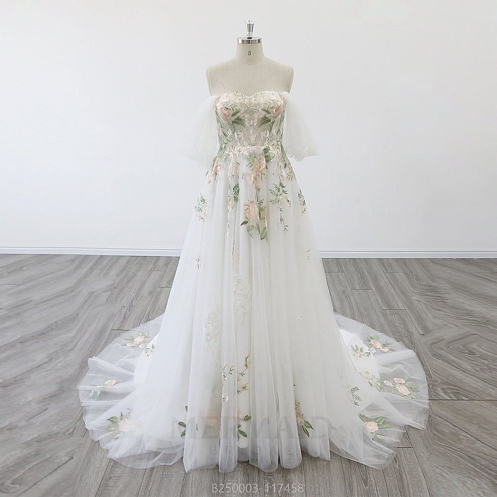 Off Shoulder Sweetheart Court Train Boho Colorful Wedding Dress