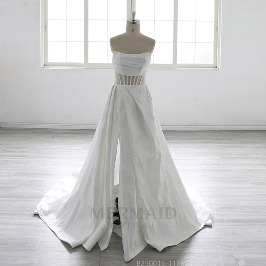 New Strapless Court Train Ball Gown Jacquard Satin Slit Wedding Dress 2025