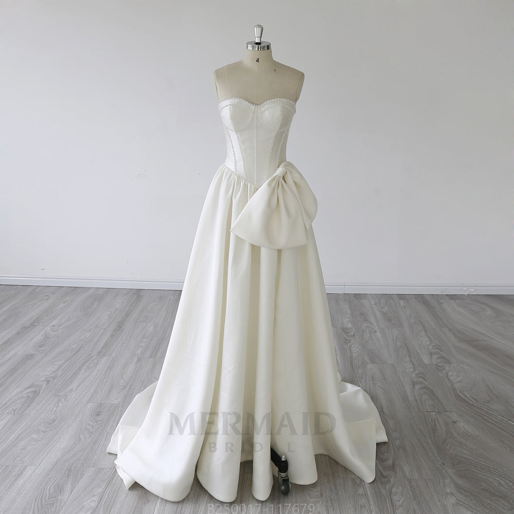 Sweetheart Neck Sweep Train Beaded Mikado Wedding Dress 2025