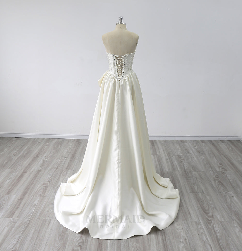 Sweetheart Neck Sweep Train Beaded Mikado Wedding Dress 2025