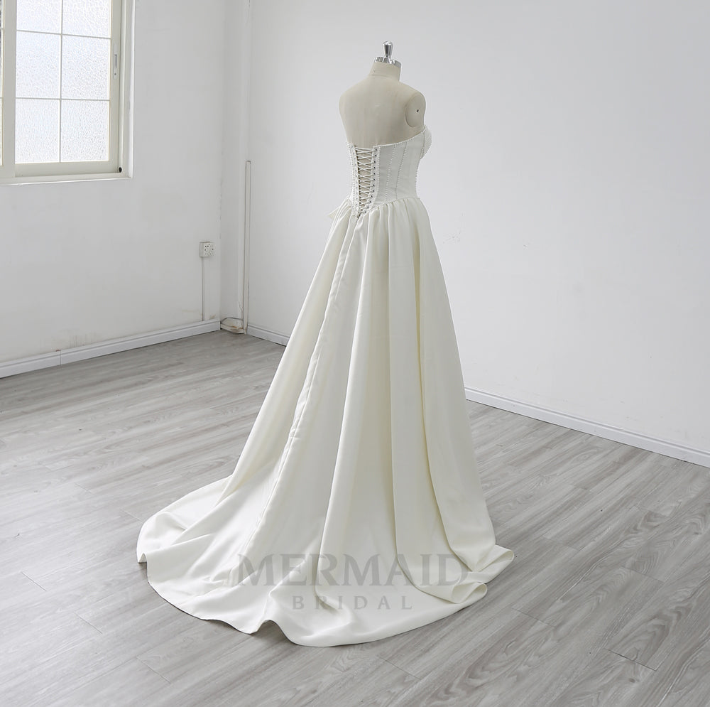 Sweetheart Neck Sweep Train Beaded Mikado Wedding Dress 2025