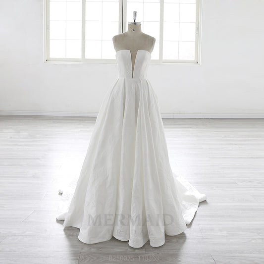 Strapless Court Train Ball Gown Jacquard Satin Slit Wedding Dress 2025