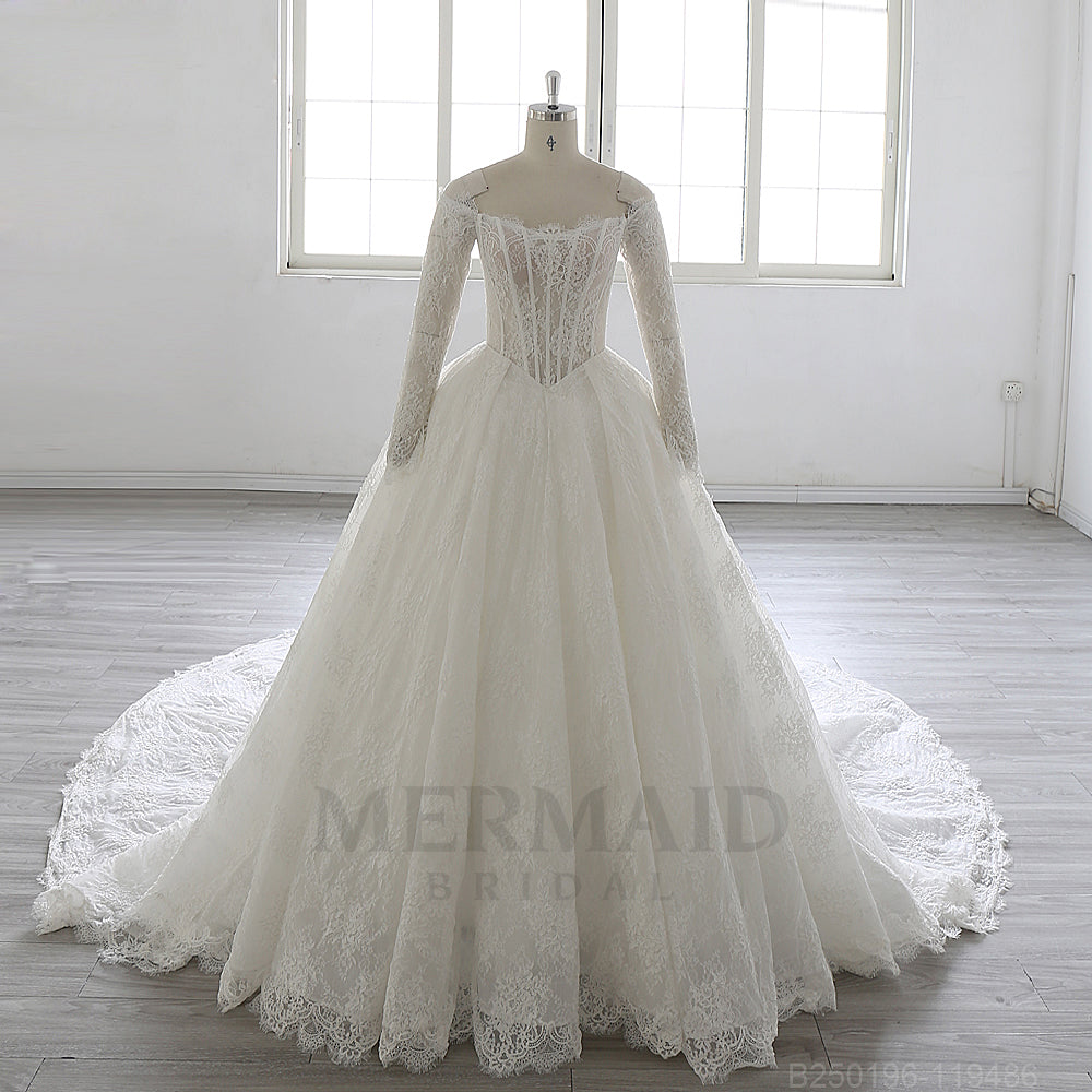 Luxury Detachable Long Sleeves Chapel  Train Boned lace Ball Gown Wedding Dress