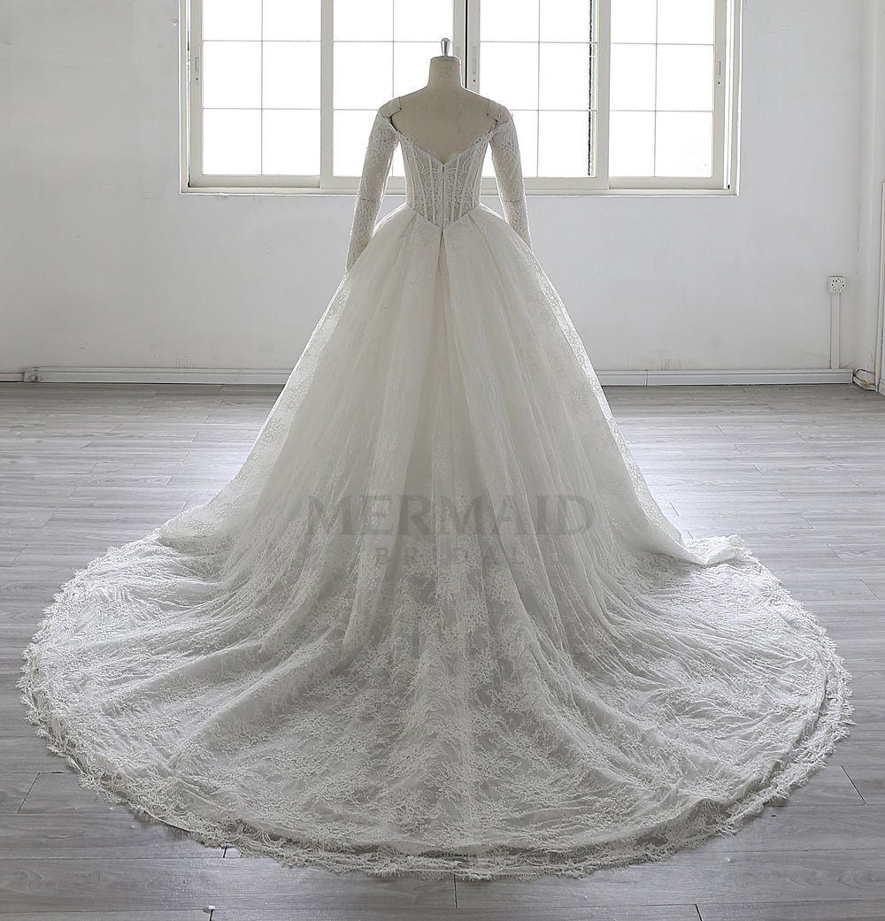 Luxury Detachable Long Sleeves Chapel  Train Boned lace Ball Gown Wedding Dress