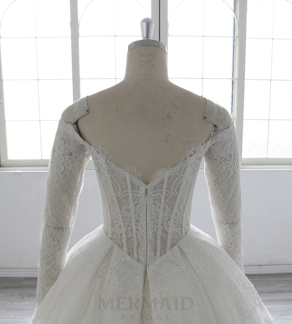 Luxury Detachable Long Sleeves Chapel  Train Boned lace Ball Gown Wedding Dress