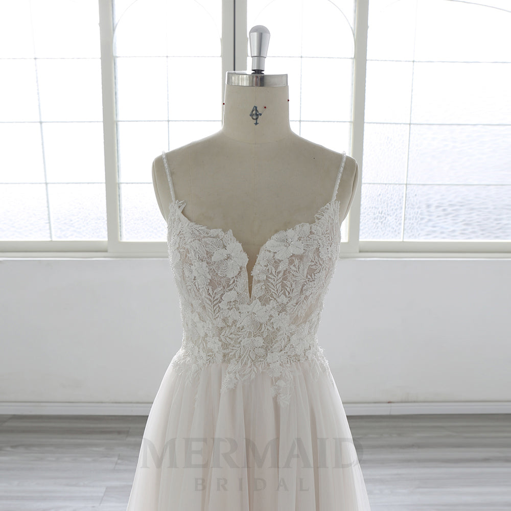 Spaghetti Straps Lace Beach Outdoor Boho Wedding Dress