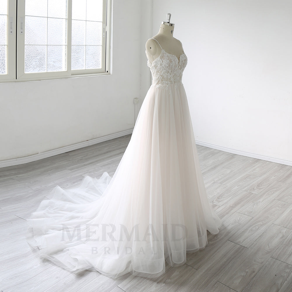 Spaghetti Straps Lace Beach Outdoor Boho Wedding Dress