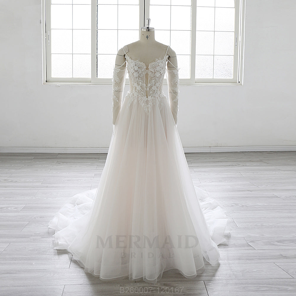 Detachable Long Sleeves Beaded  Bohemian Beach Outdoor Boho Wedding Dress