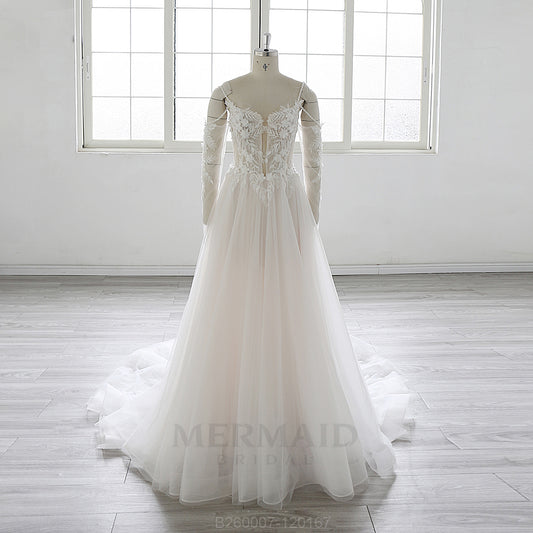 New Detachable Long Sleeves Beaded  Bohemian Beach Outdoor Boho Wedding Dress