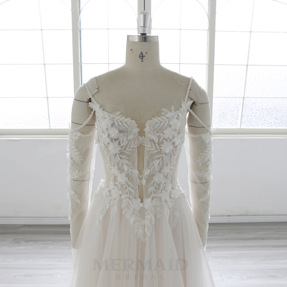 Detachable Long Sleeves Beaded  Bohemian Beach Outdoor Boho Wedding Dress