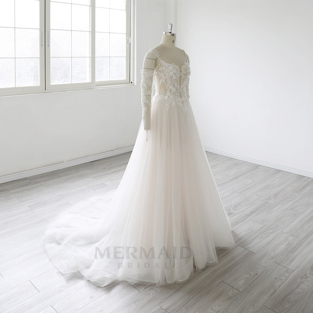 Detachable Long Sleeves Beaded  Bohemian Beach Outdoor Boho Wedding Dress