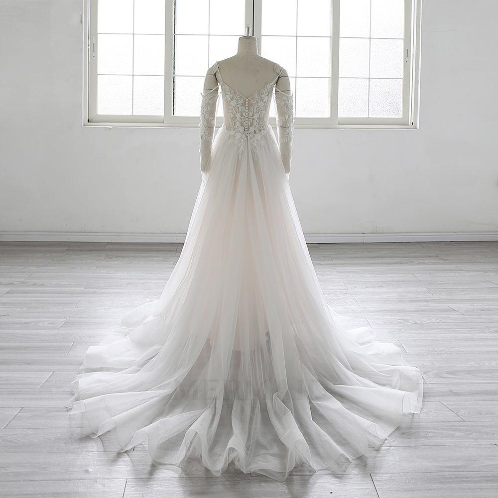 Detachable Long Sleeves Beaded  Bohemian Beach Outdoor Boho Wedding Dress
