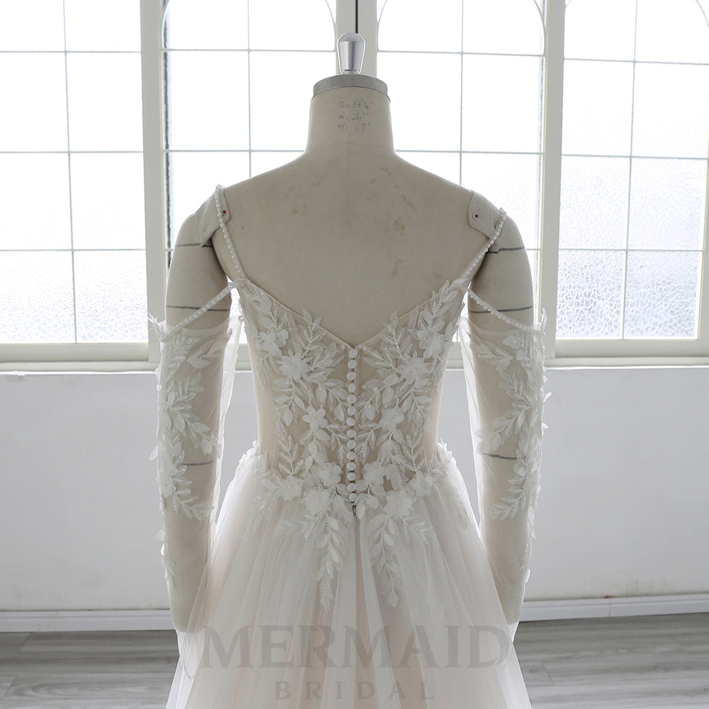 Detachable Long Sleeves Beaded  Bohemian Beach Outdoor Boho Wedding Dress