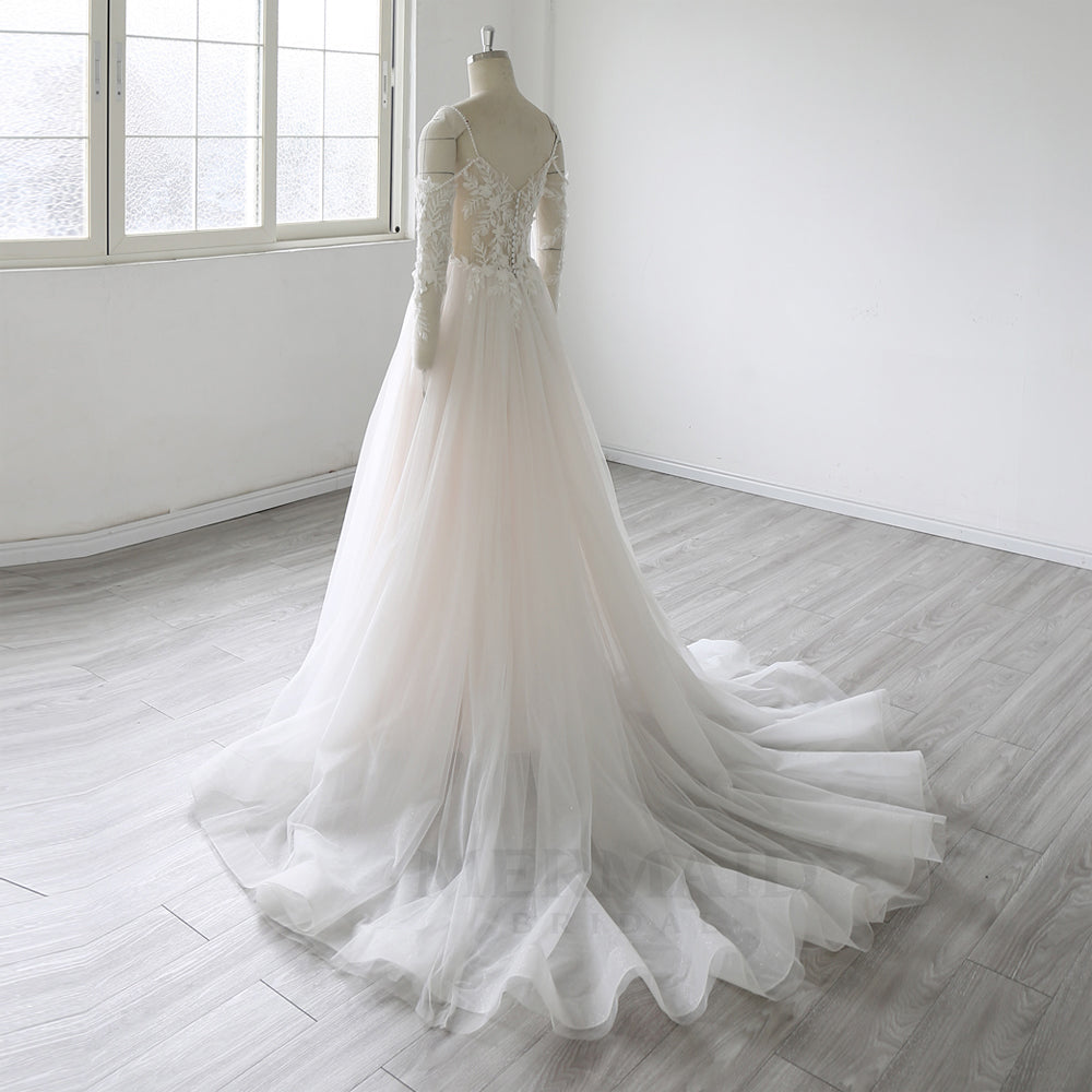 Detachable Long Sleeves Beaded  Bohemian Beach Outdoor Boho Wedding Dress