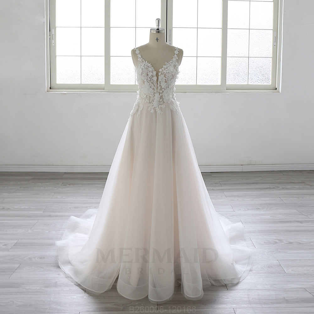 Spaghetti Straps 3D Flowers Lace Beach Outdoor Boho Wedding Dress