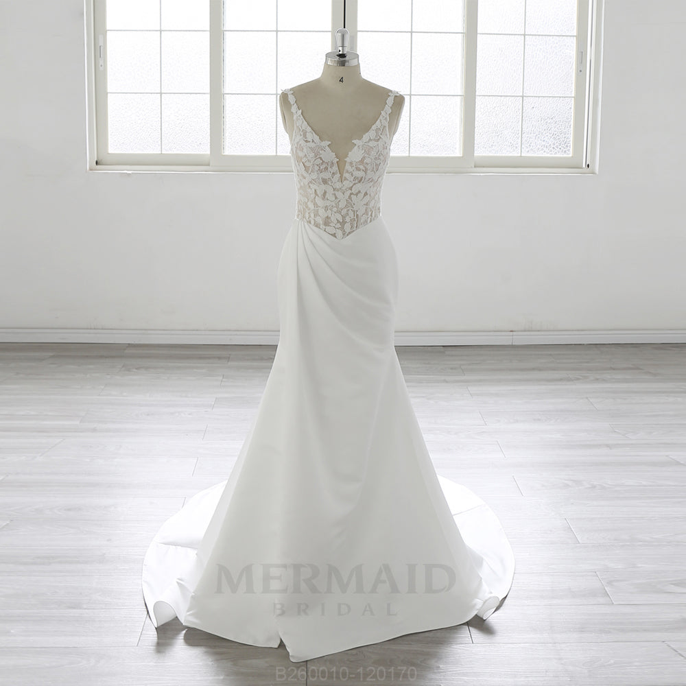 New V Neck Sweep Train Backless Lace Mermaid Cut Wedding Dress  With Slit