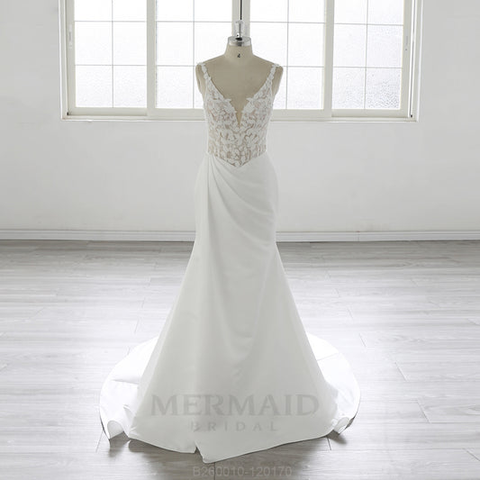 New V Neck Sweep Train Backless Lace Mermaid Cut Wedding Dress  With Slit