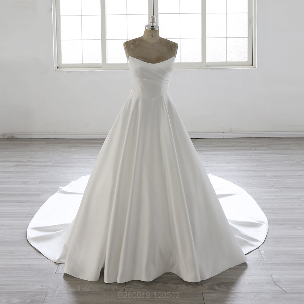 Scoop Neck Court Train Pleated Satin A Line Wedding Dress 2026