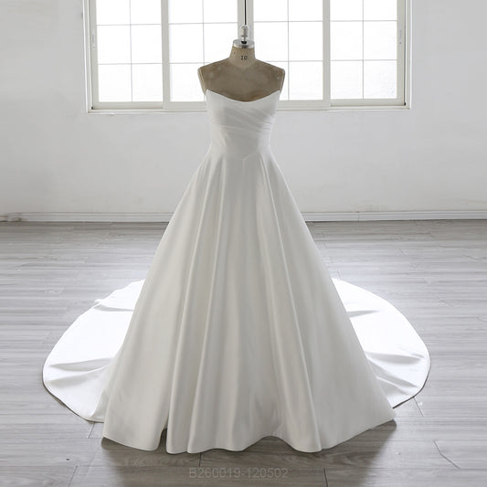 Scoop Neck Court Train Pleated Satin A Line Wedding Dress 2026