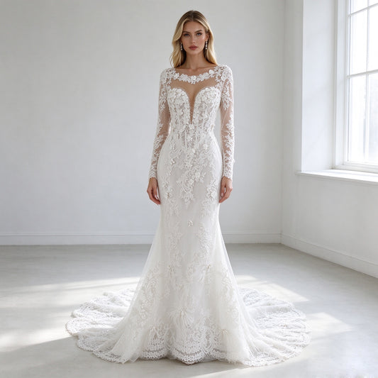 Long Sleeves Scoop Neck Court Train 3D Flowers Lace Wedding Dress 2027
