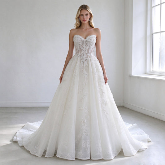 Elegant Strapless A Line Sweetheart Neckline Wedding Dress with Floral Lace Appliques