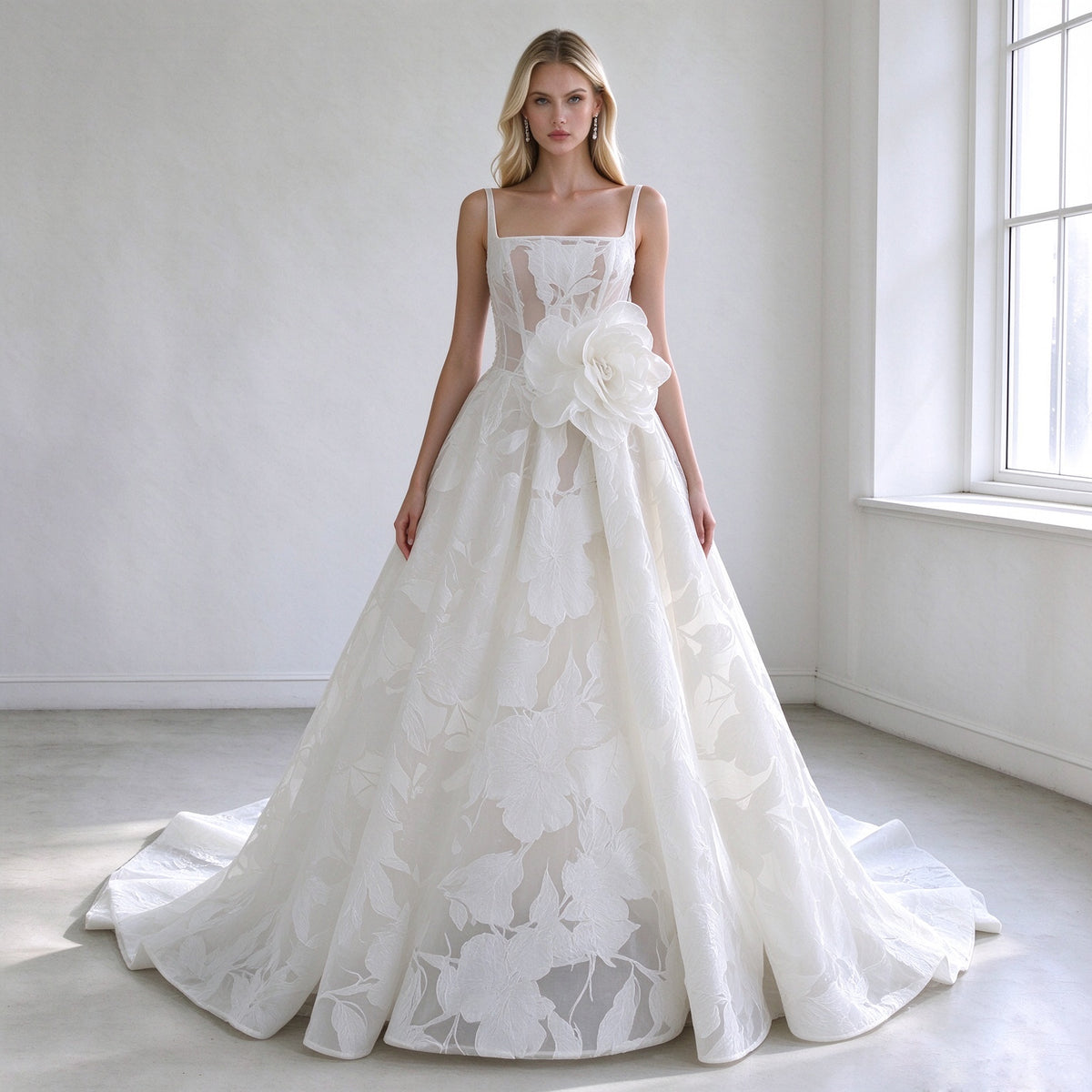 Elegant A Line Wedding Dress with Floral Jacquard Fabric, Square Neckline, 3D Rose Applique, Luxury Bridal Gown