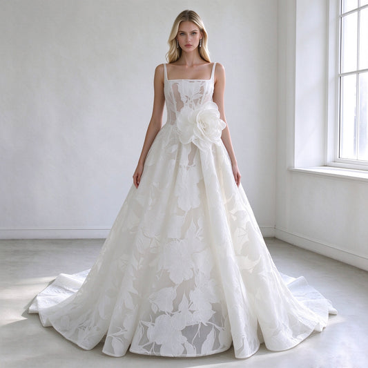 Elegant A Line Wedding Dress with Floral Jacquard Fabric, Square Neckline, 3D Rose Applique, Luxury Bridal Gown