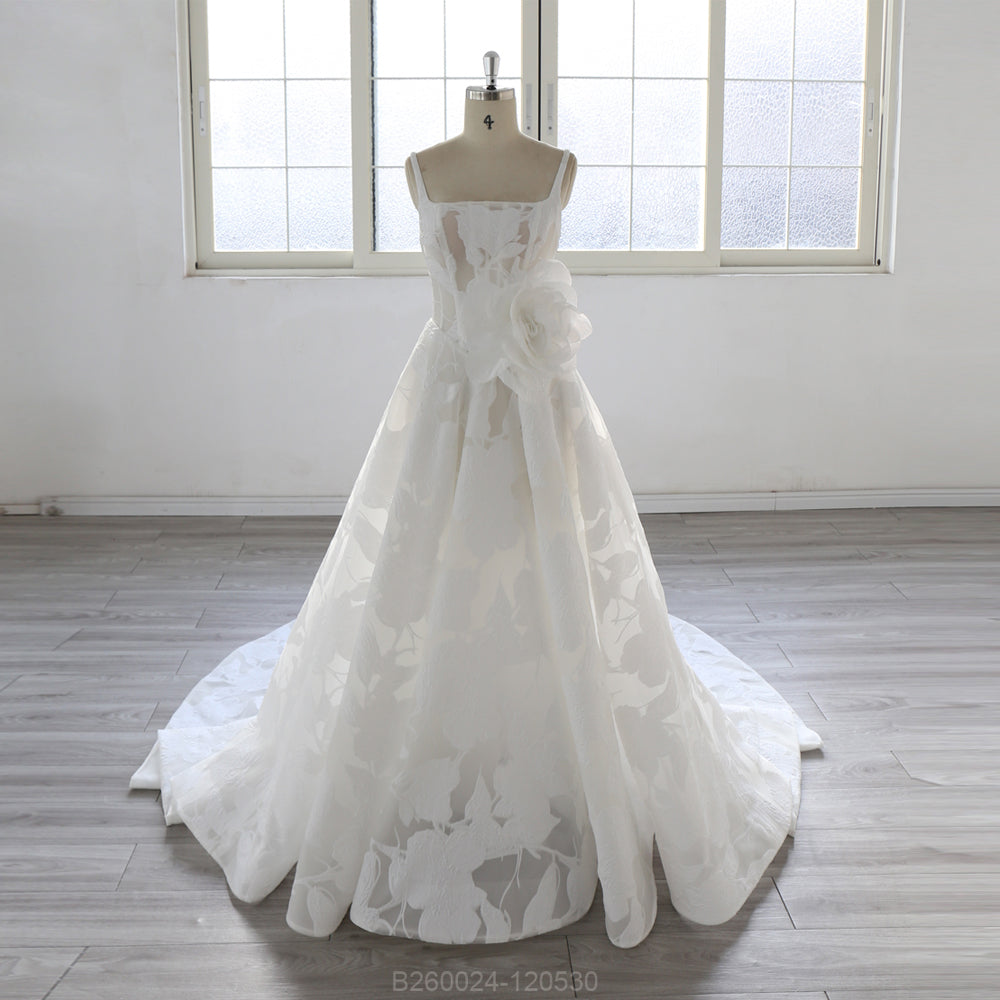 Elegant A Line Wedding Dress with Floral Jacquard Fabric, Square Neckline, 3D Rose Applique, Luxury Bridal Gown