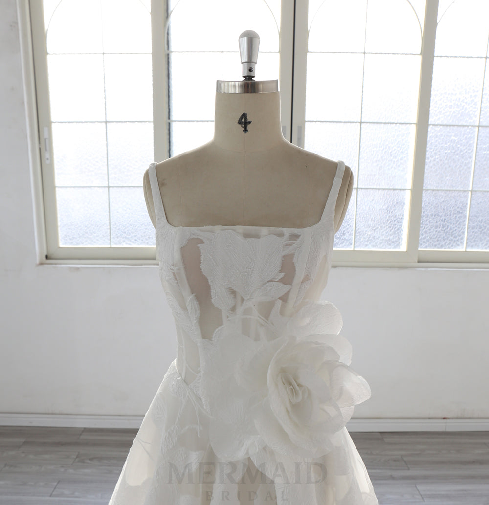 Elegant A Line Wedding Dress with Floral Jacquard Fabric, Square Neckline, 3D Rose Applique, Luxury Bridal Gown