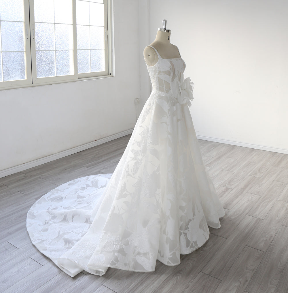 Elegant A Line Wedding Dress with Floral Jacquard Fabric, Square Neckline, 3D Rose Applique, Luxury Bridal Gown