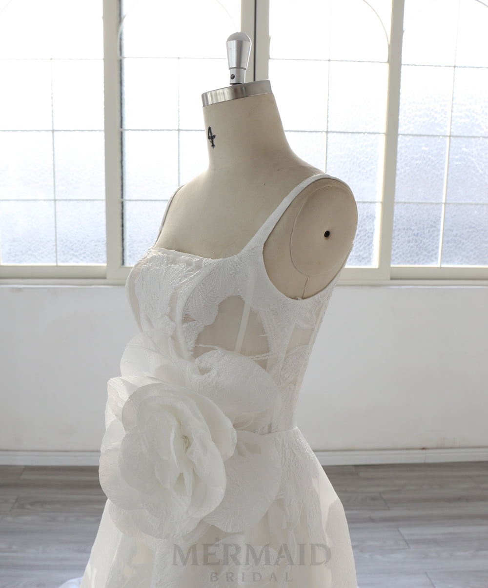 Elegant A Line Wedding Dress with Floral Jacquard Fabric, Square Neckline, 3D Rose Applique, Luxury Bridal Gown