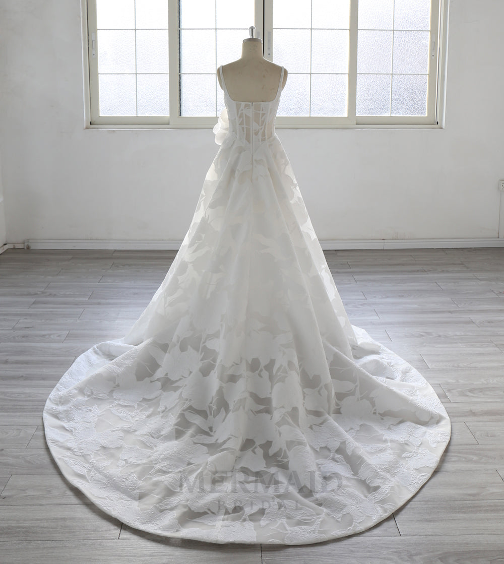 Elegant A Line Wedding Dress with Floral Jacquard Fabric, Square Neckline, 3D Rose Applique, Luxury Bridal Gown